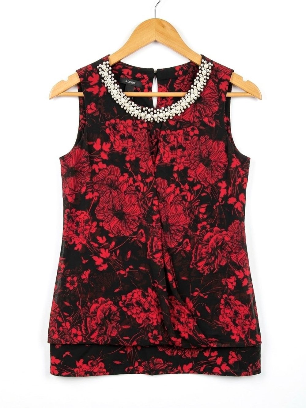 ALFANI Black Red Sleeveless Floral Blouse Pearl Rhinestone Neck Women’s XS